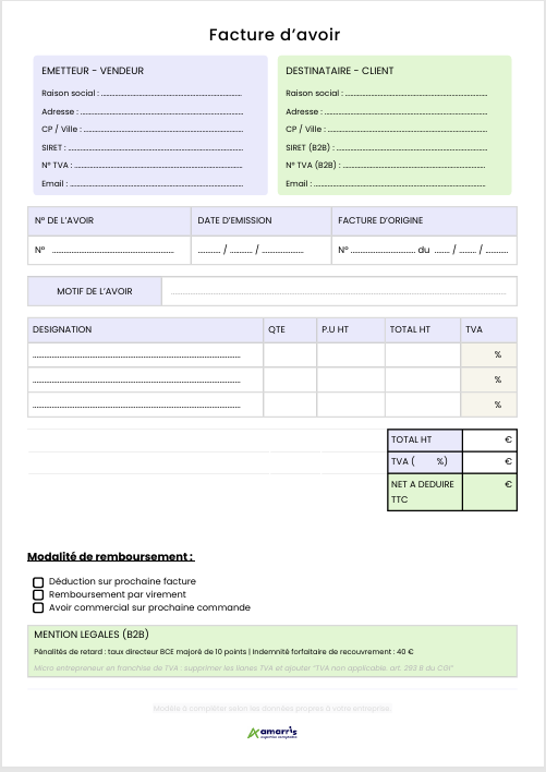 facture avoir exemple