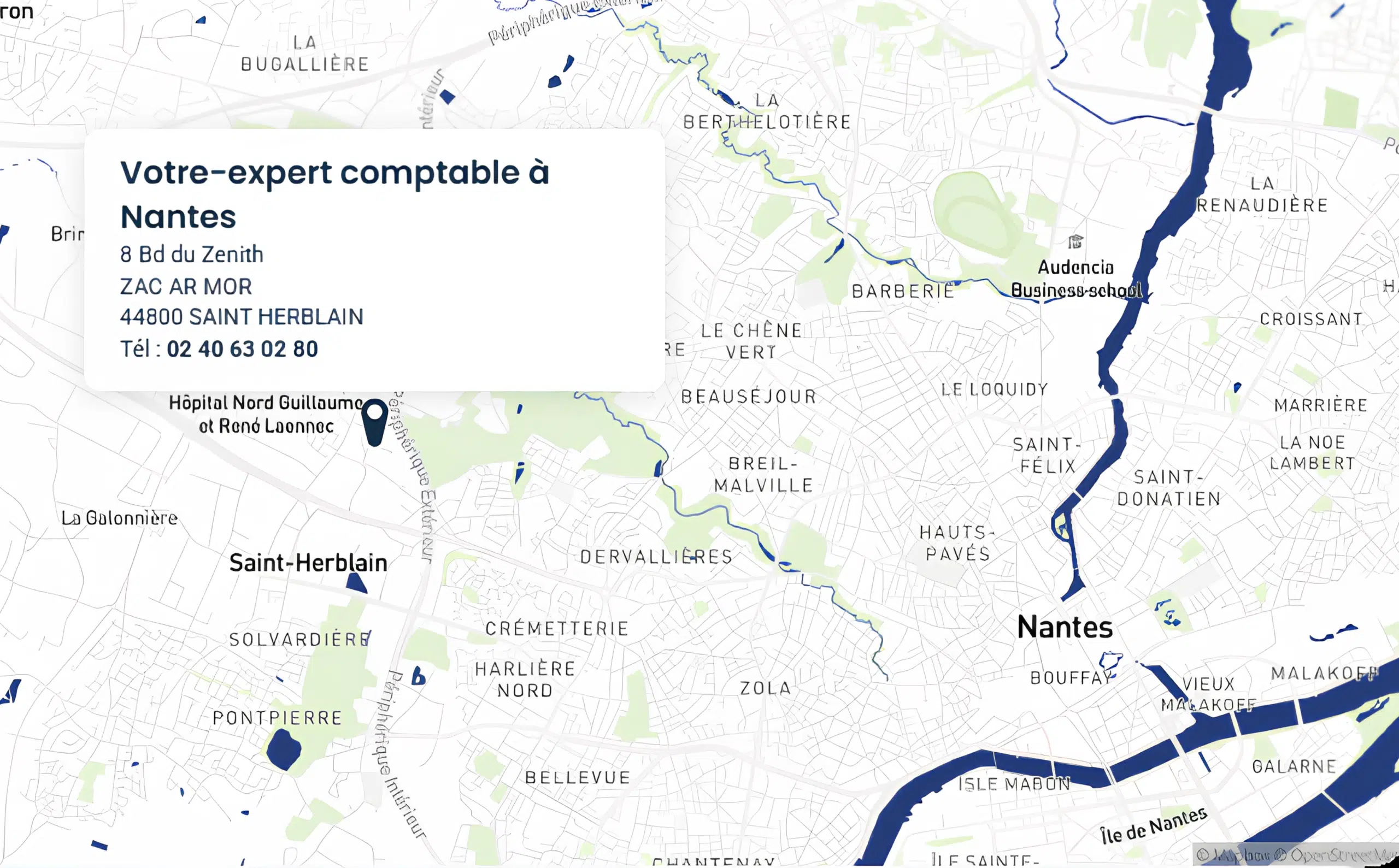 Carte de Nantes avec localisation du cabinet Amarris Expertise Comptable Nantes Saint-Herblain :
8 bd du Zénith, 44800, Saint Herblain
Tel : 02 40 63 02 80