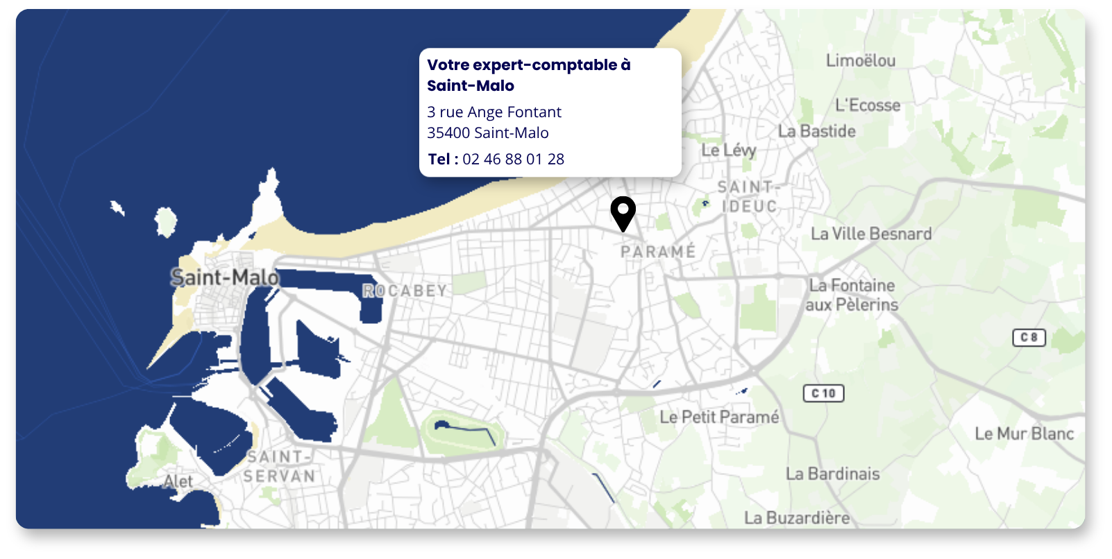 Carte de Saint-Malo avec la localisation du cabinet Amarris Expertise Comptable Saint-Malo:
3 rue Ange Fontant, 35400, Saint-Malo
Tel : 02 46 88 01 28