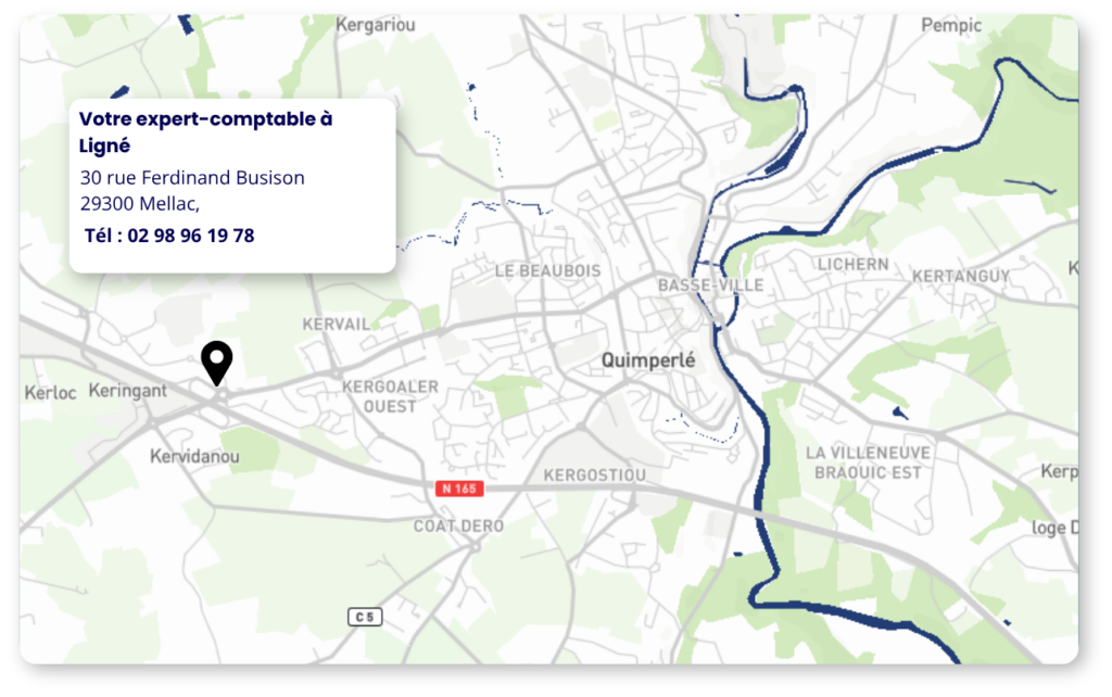 Carte de Quimperlé avec la localisation du cabinet Amarris Expertise Comptable : 30 rue Ferdinand Buisson, Tél : 02 98 96 19 78