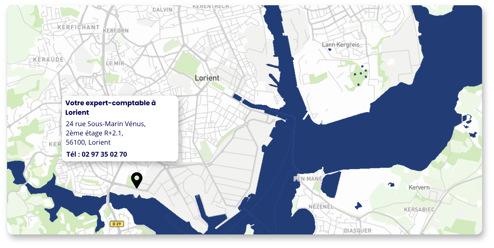 Carte de Lorient avec la localisation d'Amarris Expertise Comptable Lorient :
24 rue sous-marin, 56100, Lorient
Tél : 02 97 35 02 70