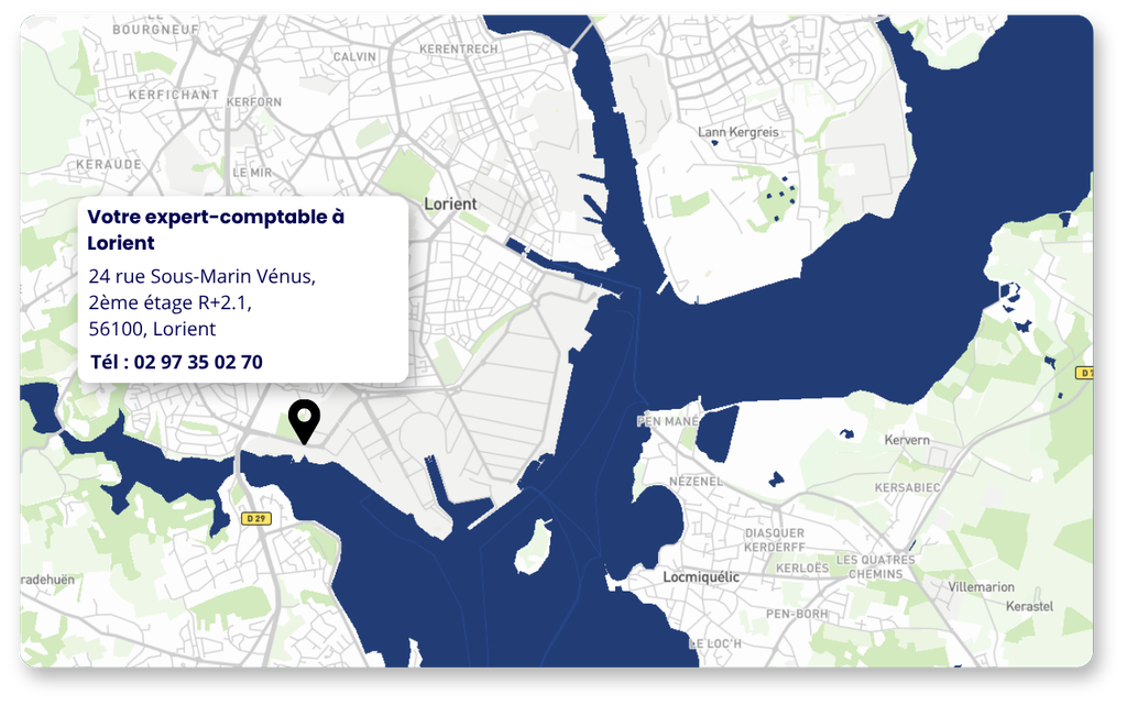 Carte de Lorient avec la localisation d'Amarris Expertise Comptable Lorient :
24 rue sous-marin, 56100, Lorient
Tél : 02 97 35 02 70