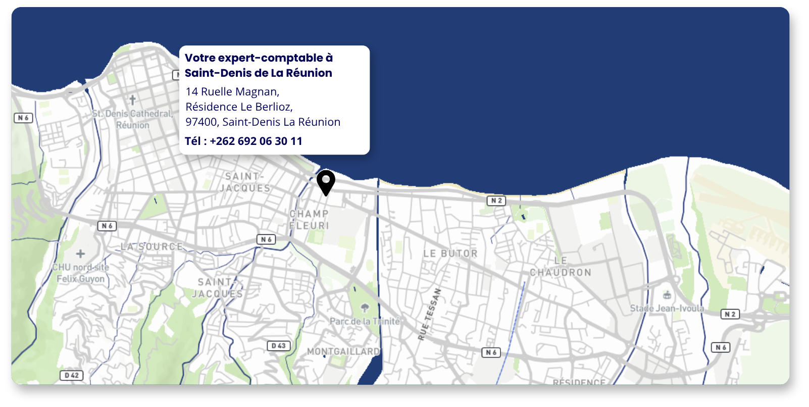 Carte de Saint-Denis de La Réujion avec la localisation du Cabinet Amarris Expertise Comptable :
14 Ruelle Magnan
Résidence Berlioz
97400, Saint Denis de La Réunion
Tél : +262 692 06 30 11