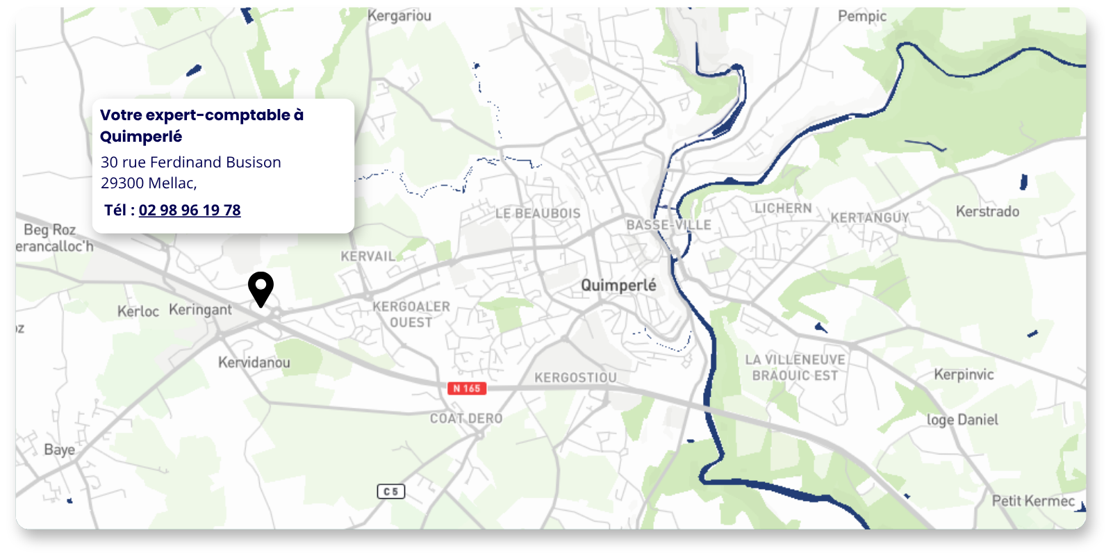 Carte ed Quimperlé avec la localisation du cabinet Amarris Expertise Comptable :
30 rue Ferdinand Buisson,
Tél : 02 98 96 19 78