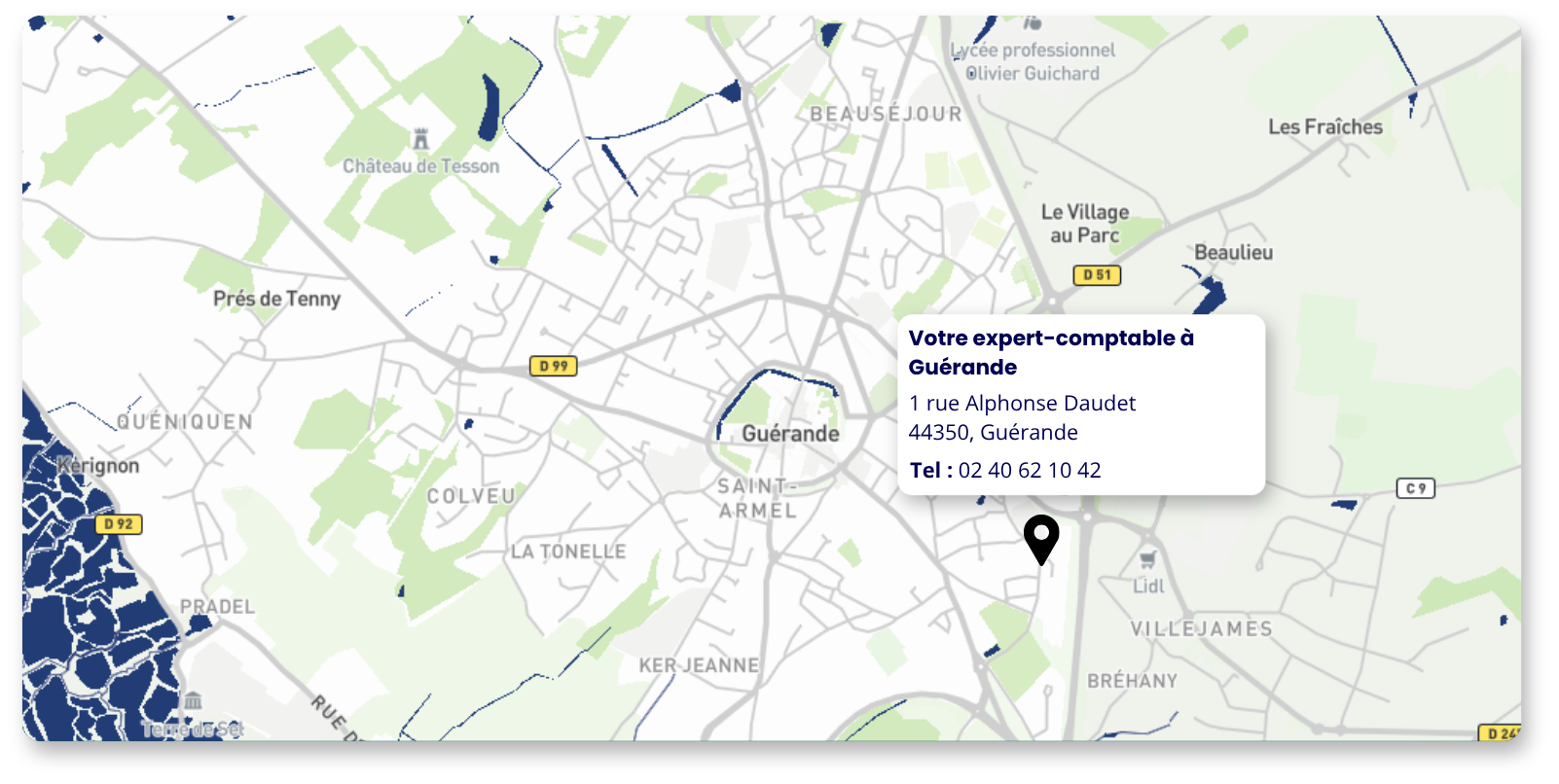 Carte de Guérande avec la localisation du cabinet Amarris Expertise Comptable :
1 rue Alphonse Daudet, 44350 Guérande
Tél : 02 40 62 10 42