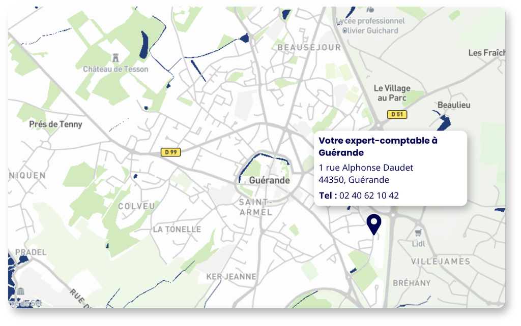 Carte de Guérande avec la localisation du cabinet Amarris Expertise Comptable :
1 rue Alphonse Daudet, 44350 Guérande
Tél : 02 40 62 10 42
