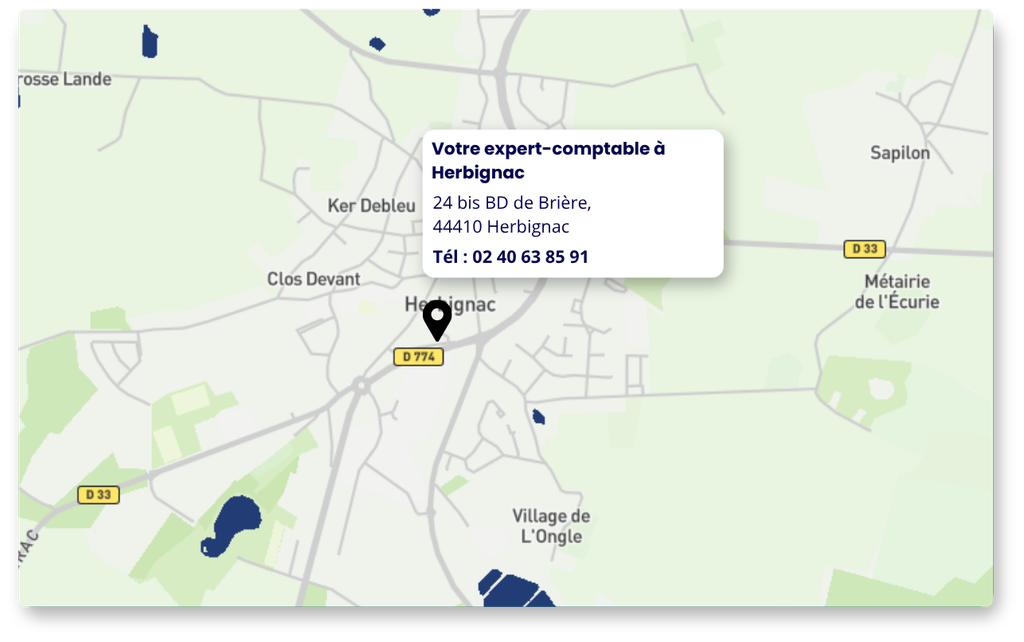 Carte de Herbignac avec la localisation du cabinet Amarris Expertise Comptable Herbignac :
24 bis BD de Brière, 44110 Herbignac
Tel : 02 40 63 85 91