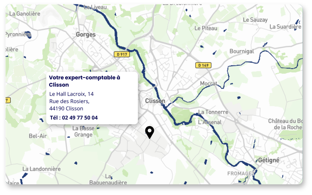 Carte de Clisson avec localisation du cabinet Amarris Expertise Comptable Clisson :
Le Hall Lacroix, 14-16 rue des rosiers,
ZA de Tabari,
44190, Clisson
Tel : 02 49 77 50 04
