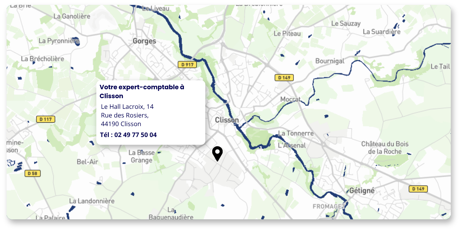 Carte de Clisson avec localisation du cabinet Amarris Expertise Comptable Clisson :
Le Hall Lacroix, 14-16 rue des rosiers,
ZA de Tabari,
44190, Clisson
Tel : 02 49 77 50 04