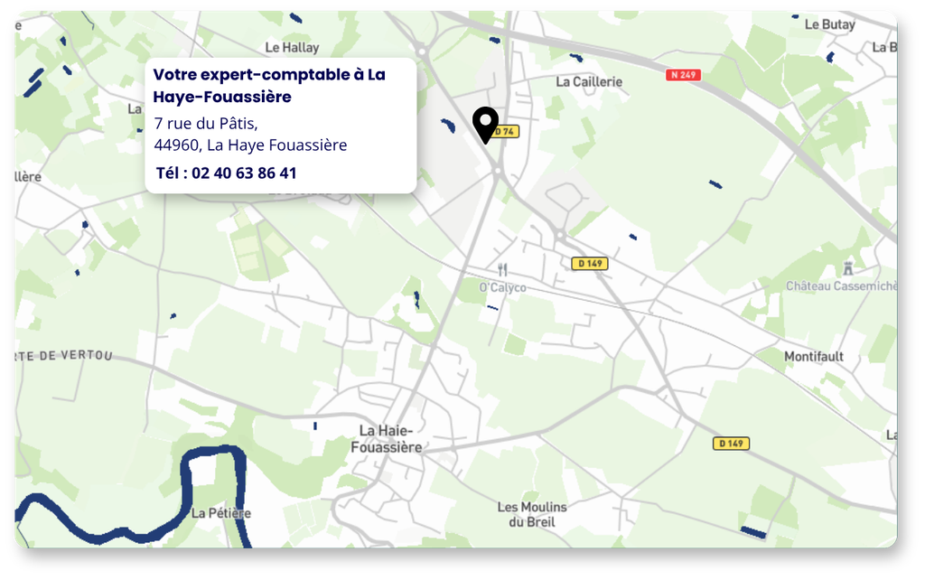 Carte de La Haye-Fouassière avec localisation du cabinet Amarris Expertise Comptable La Haye Fouassière :
7 rue du Pâtis, 44960, La Haye Fouassière
Tel : 02 40 63 86 41