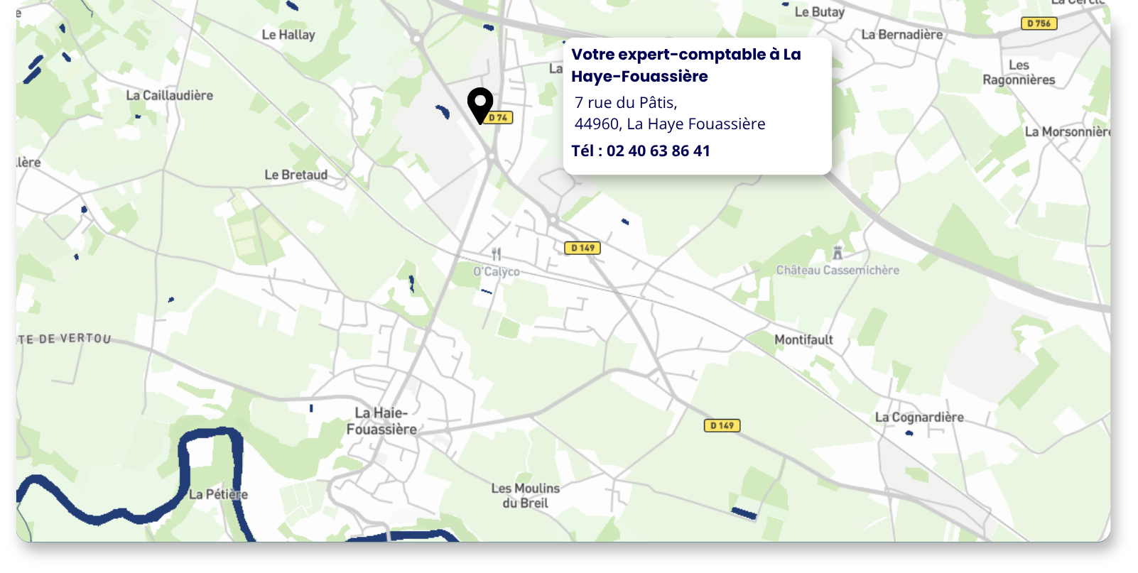 Carte de La Haye-Fouassière avec localisation du cabinet Amarris Expertise Comptable La Haye Fouassière :
7 rue du Pâtis, 44960, La Haye Fouassière
Tel : 02 40 63 86 41