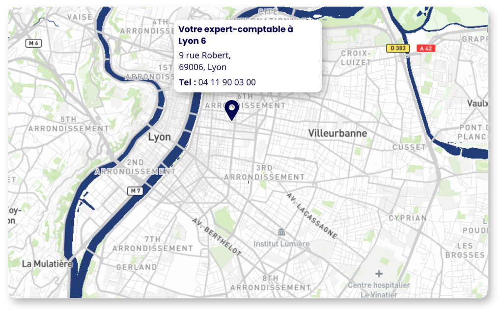 Carte de Lyon avec l'emplacement du cabinet Amarris Expertise Comptable Lyon 6 indiqué au 9 rue Robert, 69006, Lyon