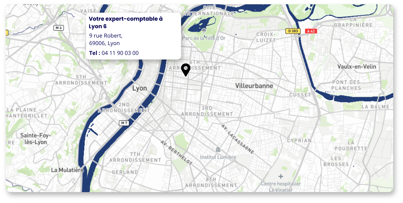 Carte de Lyon avec l'emplacement du cabinet Amarris Expertise Comptable Lyon 6 indiqué au 9 rue Robert, 69006, Lyon